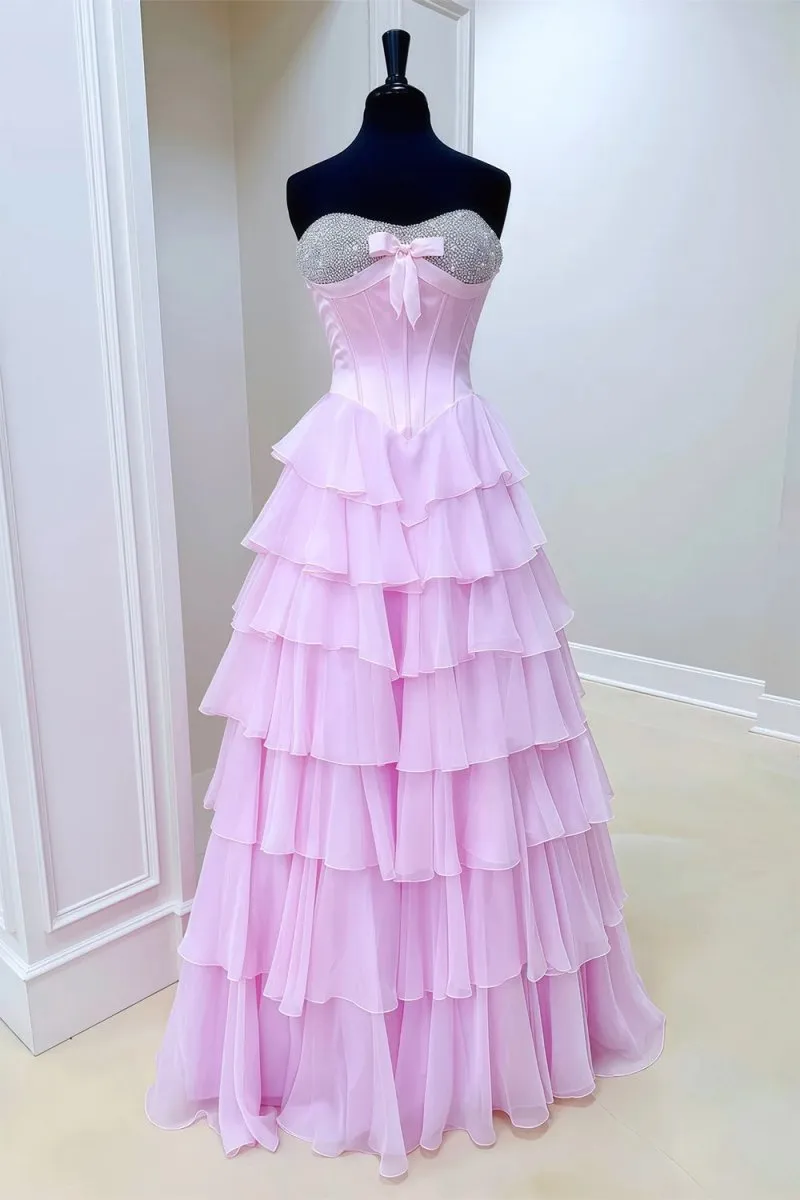 Pink Sweetheart A Line Chiffon Ruffled Long Formal Prom Dresses With Beading sold by KissProm