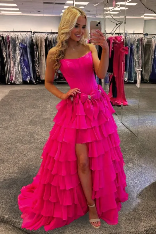 Fuchsia - Strapless A Line Chiffon Tiered Prom Dresses With Bowknot sold by KissProm