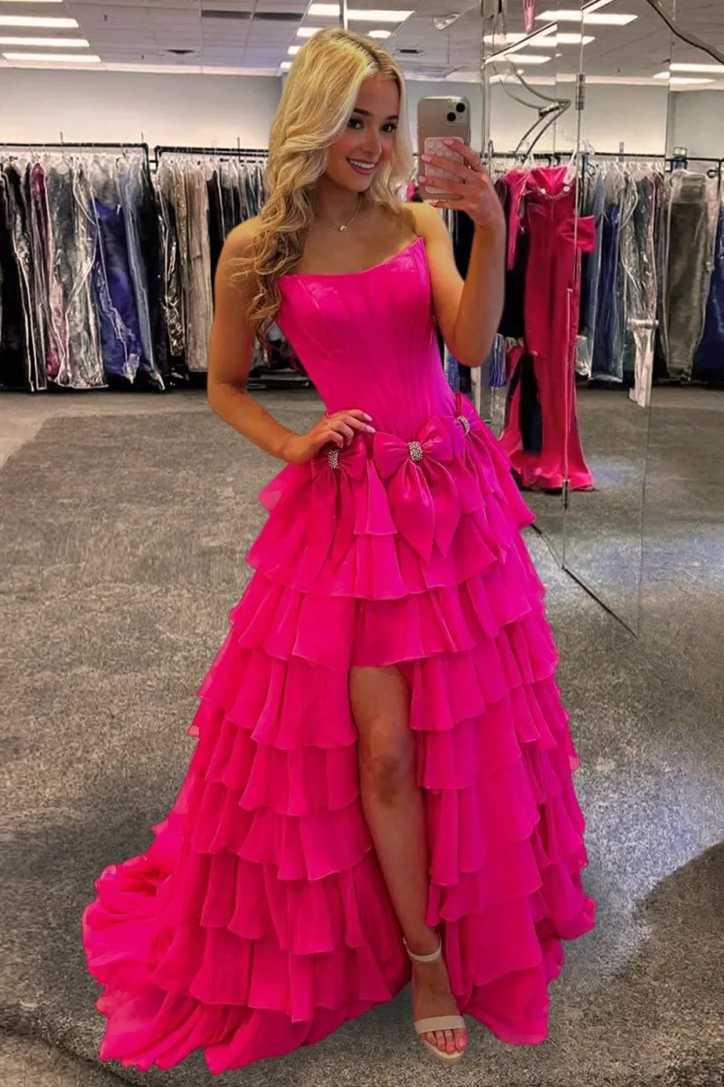 Fuchsia - Strapless A Line Chiffon Tiered Prom Dresses With Bowknot sold by KissProm