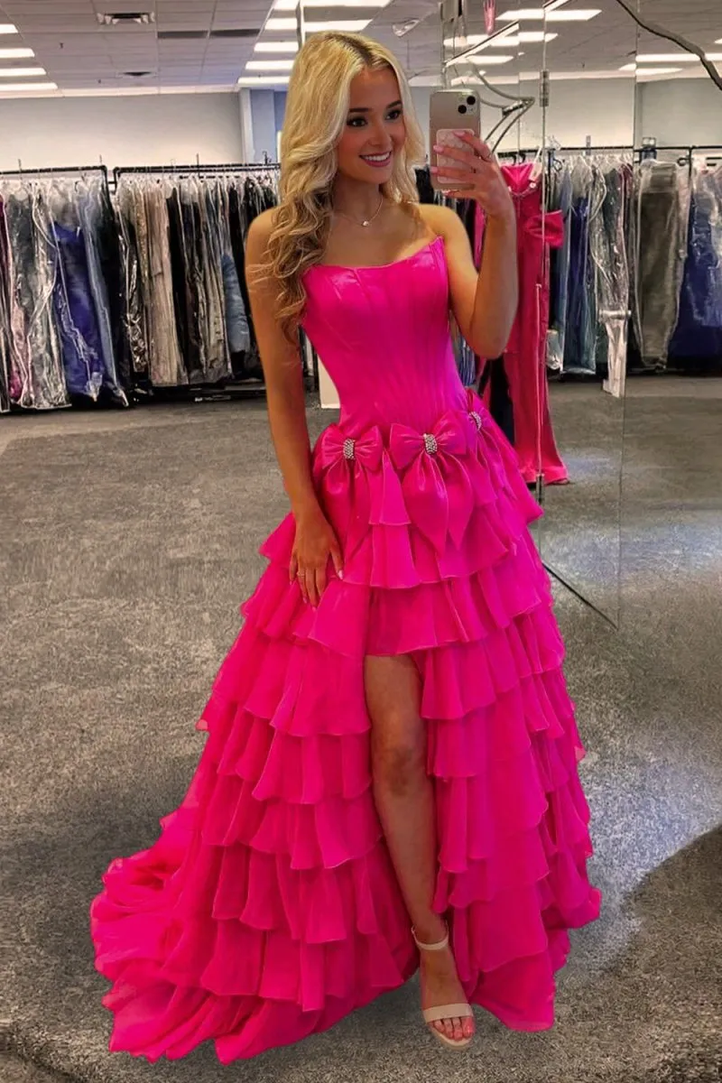 Fuchsia - Strapless A Line Chiffon Tiered Prom Dresses With Bowknot sold by KissProm product image thumbnail 2