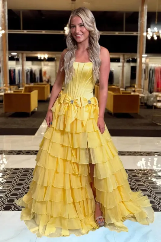 Yellow - Strapless A Line Chiffon Tiered Prom Dresses With Bowknot sold by KissProm