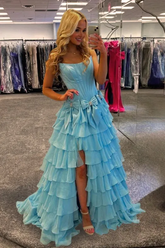Blue - Strapless A Line Chiffon Tiered Prom Dresses With Bowknot sold by KissProm