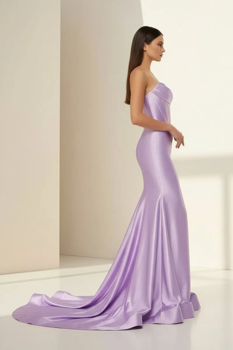 Alirae | Lavender - Strapless Mermaid Satin Pleated Long Formal Prom Dresses With Slit sold by KissProm product image thumbnail 3
