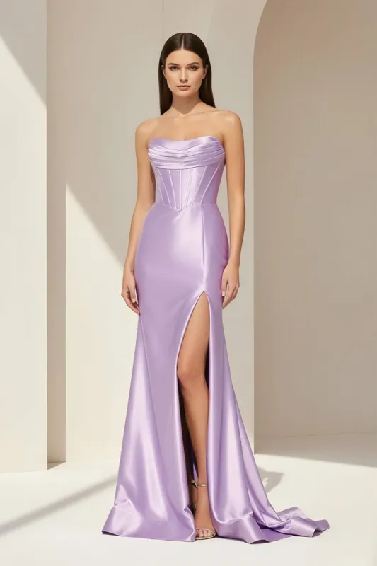 Alirae | Lavender - Strapless Mermaid Satin Pleated Long Formal Prom Dresses With Slit sold by KissProm