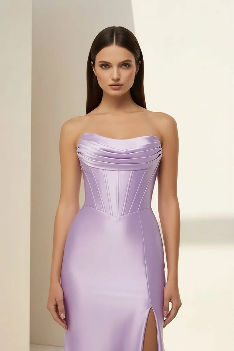 Alirae | Lavender - Strapless Mermaid Satin Pleated Long Formal Prom Dresses With Slit sold by KissProm product image thumbnail 5