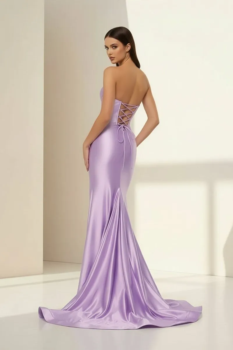 Alirae | Lavender - Strapless Mermaid Satin Pleated Long Formal Prom Dresses With Slit sold by KissProm product image thumbnail 2