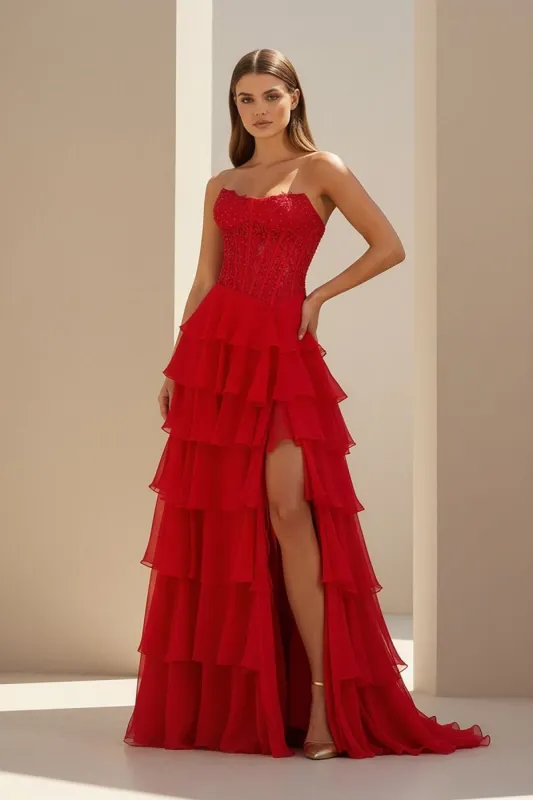Luxie | Red - Strapless Chiffon Ruffled A Line Formal Prom Dresses With Lace Appliques sold by KissProm