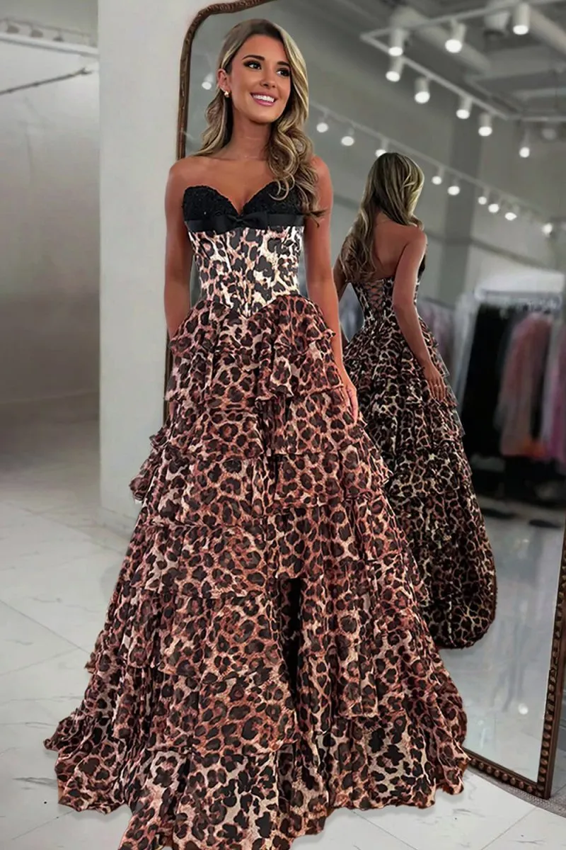 Leopard A Line Chiffon Strapless Corset Long Prom Dresses with Tiered Ruffles sold by KissProm