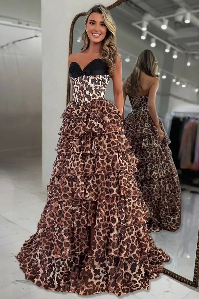 Leopard A Line Chiffon Strapless Corset Long Prom Dresses with Tiered Ruffles sold by KissProm product image thumbnail 3