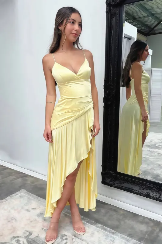 Cyndal | Yellow - Spaghetti Straps Sheath Satin High Low Prom Dresses With Ruffles sold by KissProm