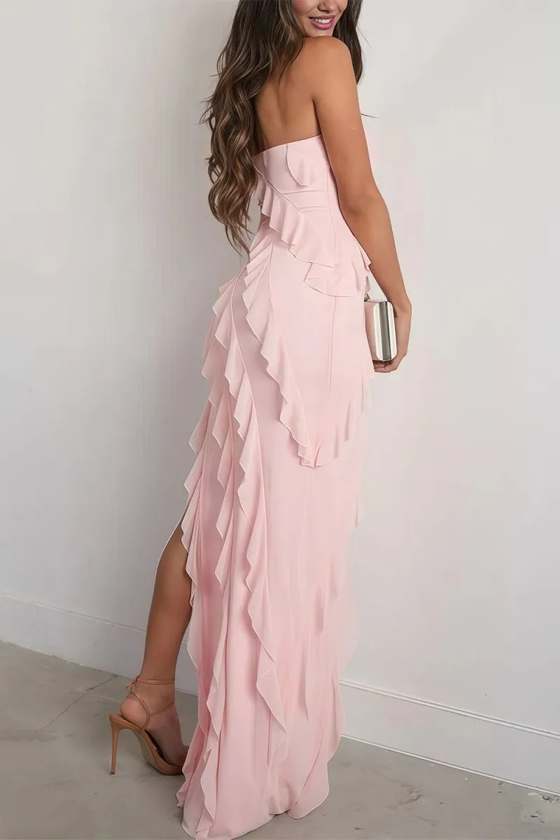 Pink - Sheath Strapless Chiffon Long Prom Dresses With Ruffles sold by KissProm product image thumbnail 2