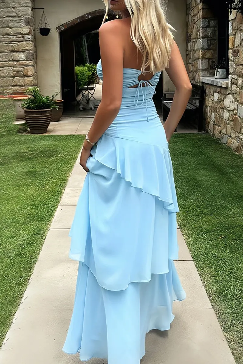 Adel | Blue - Sheath Strapless Chiffon Long Prom Dresses With Ruffles sold by KissProm product image thumbnail 2