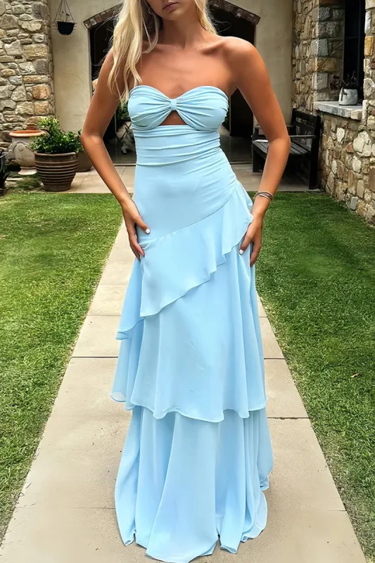 Adel | Blue - Sheath Strapless Chiffon Long Prom Dresses With Ruffles sold by KissProm