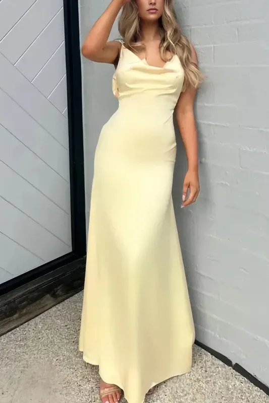 Yellow Sheath Spaghetti Straps Satin Long Prom Dresses With Pearls sold by KissProm
