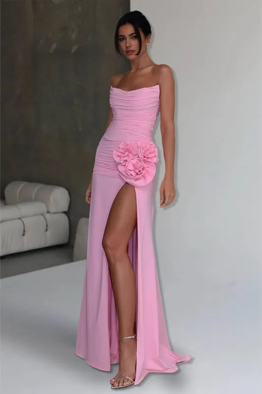 Albine | Pink - Strapless Mermaid Chiffon Pleated Long Prom Dresses With Floral sold by KissProm