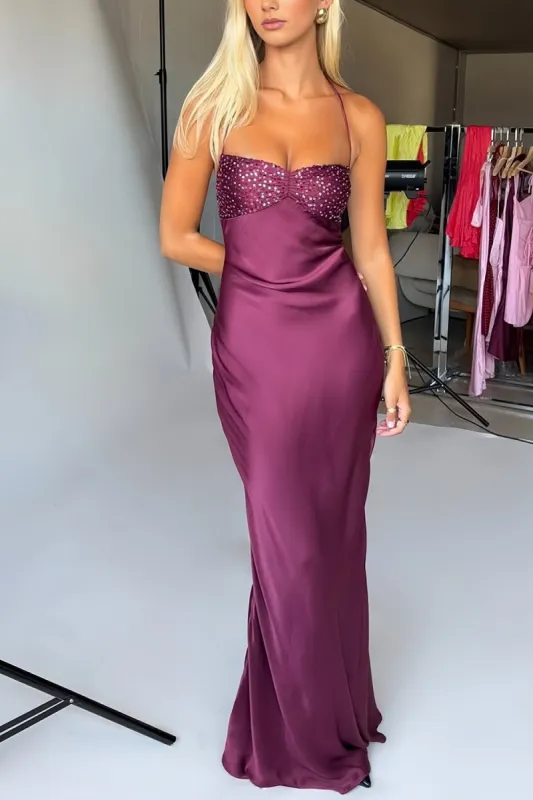 Jesamine | Magenta - Halter Sheath Satin Long Prom Dresses With Sequins sold by KissProm