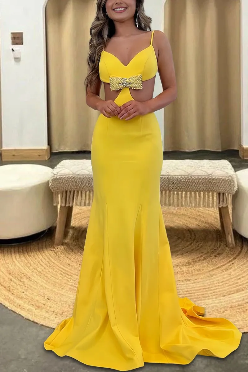 Asseda | Yellow - Spaghetti Straps Satin Cutout Mermaid Prom Dresses With Bowknot sold by KissProm product image thumbnail 3