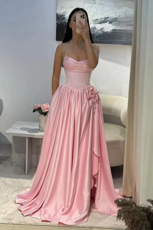 Fioren | Pink - Strapless Satin Beaded A Line Prom Dresses With Slit sold by KissProm