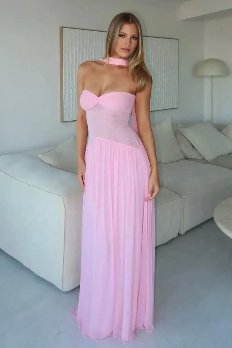 Kiora | Pink - Strapless A Line Chiffon Pleated Long Prom Dresses sold by KissProm