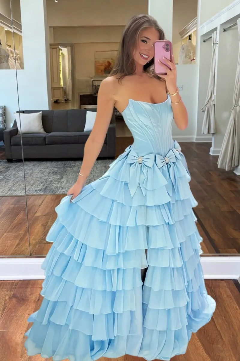 Felice | Sky Blue - Scoop Neck A Line Chiffon Tiered Prom Dresses With Bowknot sold by KissProm product image thumbnail 2