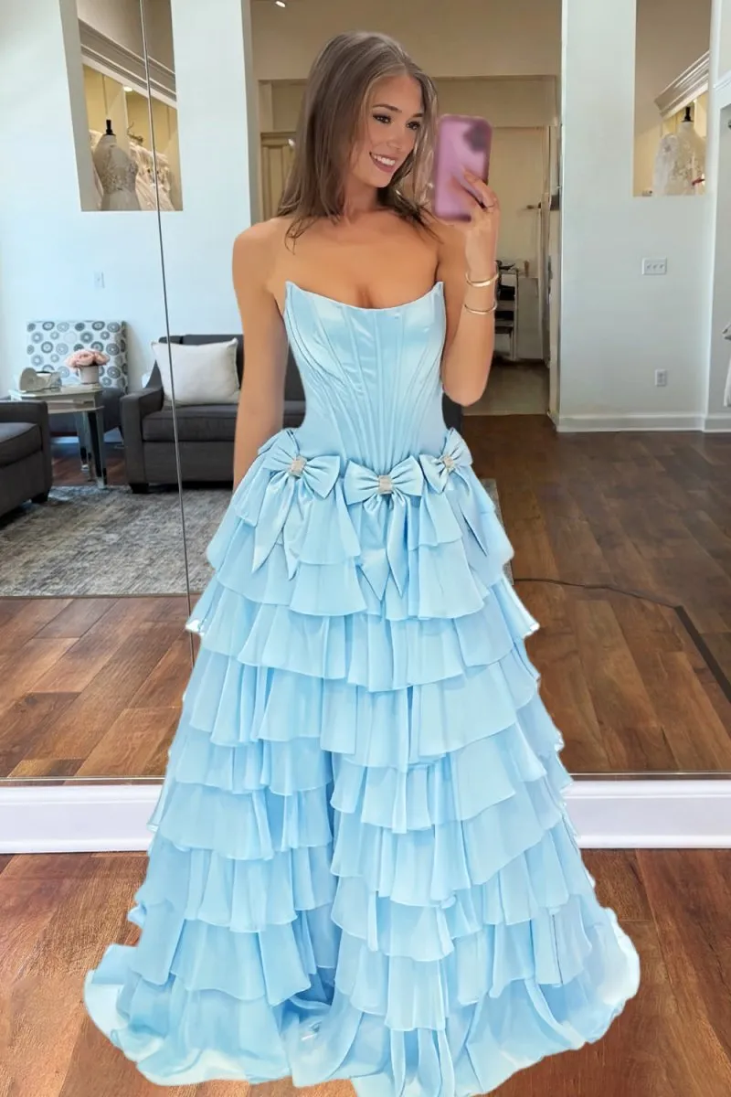 Felice | Sky Blue - Scoop Neck A Line Chiffon Tiered Prom Dresses With Bowknot sold by KissProm product image thumbnail 3