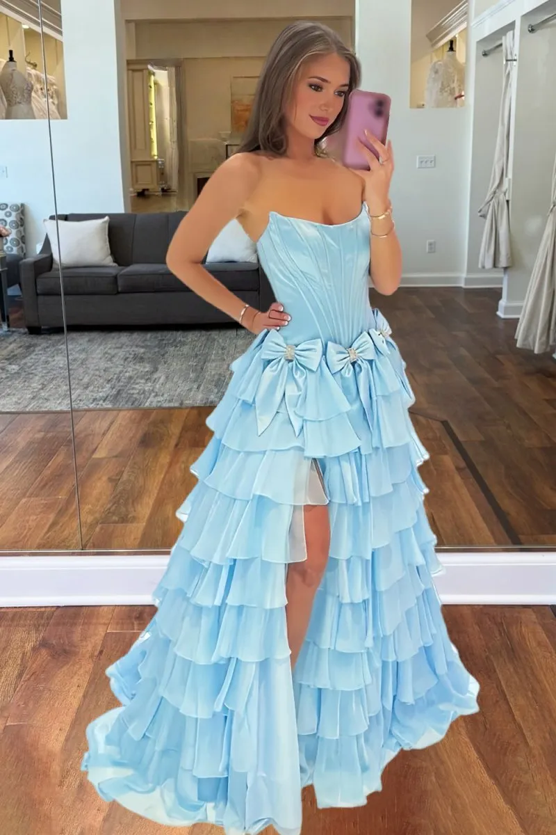 Felice | Sky Blue - Scoop Neck A Line Chiffon Tiered Prom Dresses With Bowknot sold by KissProm