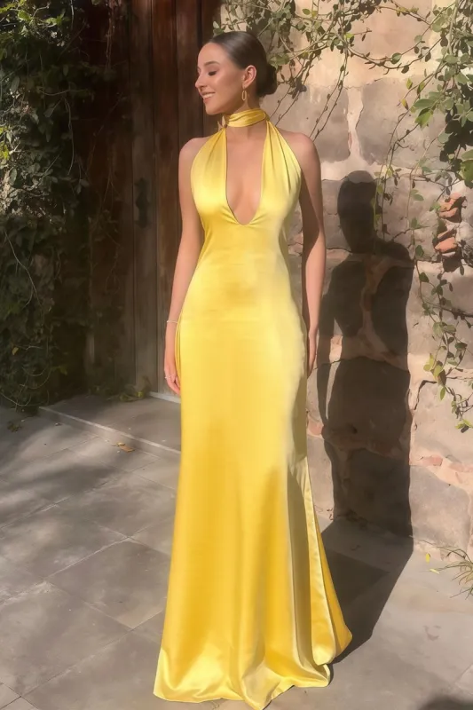 Nevado | Yellow - Halter Deep V Neck Satin Sheath Backless Long Prom Dresses sold by KissProm