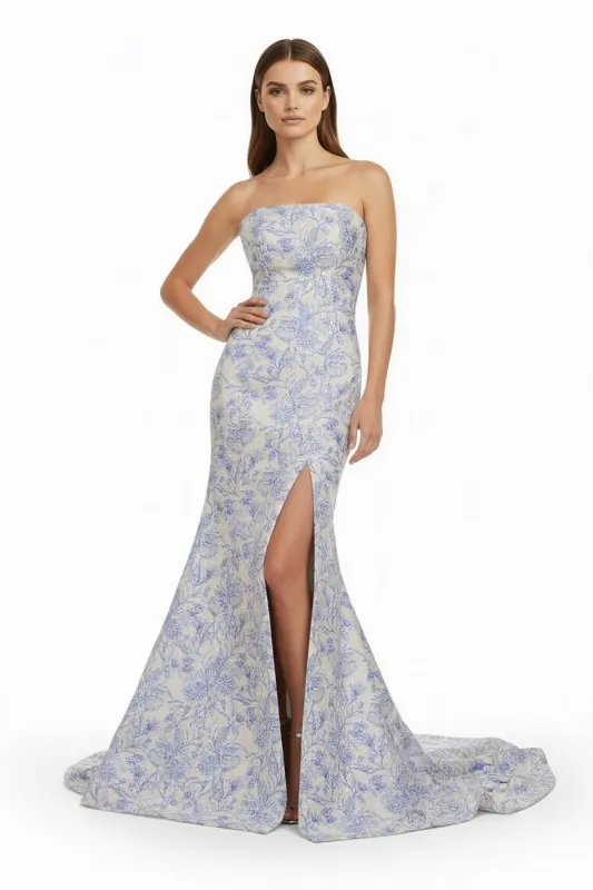 Blue Strapless Mermaid Floral Jacquard Long Formal Prom Dresses With Slit sold by KissProm