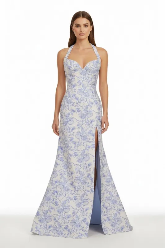 Sky Blue Halter Floral Jacquard Mermaid Long Formal Prom Dresses With Slit sold by KissProm