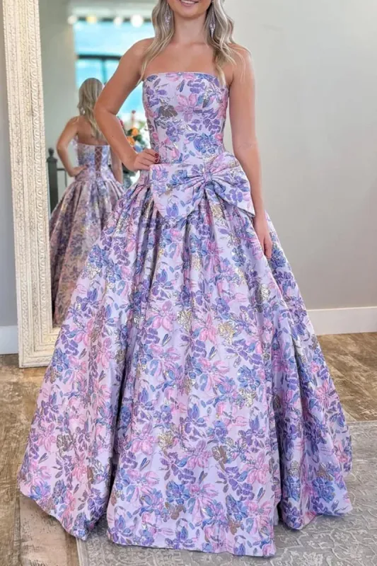 Armina | Lilac - Strapless Floral Printed A Line Long Formal Prom Dresses With Bow sold by KissProm