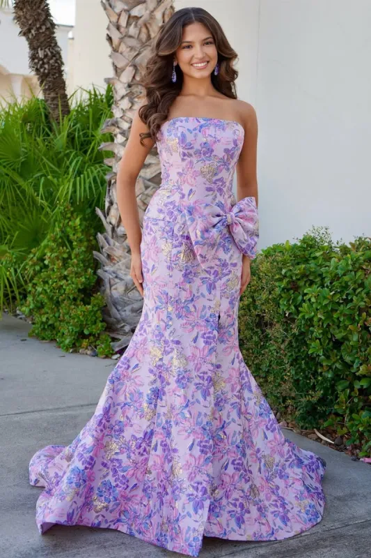 Lavender Strapless Mermaid Floral Printed Long Formal Prom Dresses With Bowknot sold by KissProm