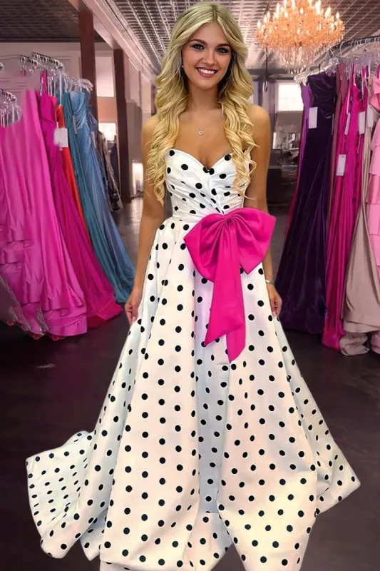 Averna | Fuchsia - Strapless A Line Polka Dots Satin Long Prom Dresses With Bow sold by KissProm
