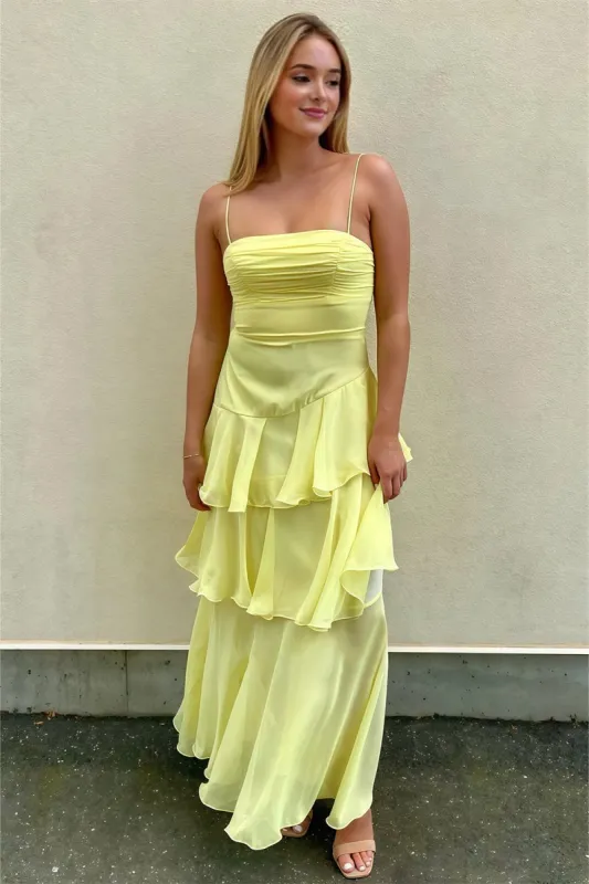 Ayella | Yellow - Spaghetti Straps Sheath Chiffon Pleated Formal Prom Dresses With Ruffles sold by KissProm
