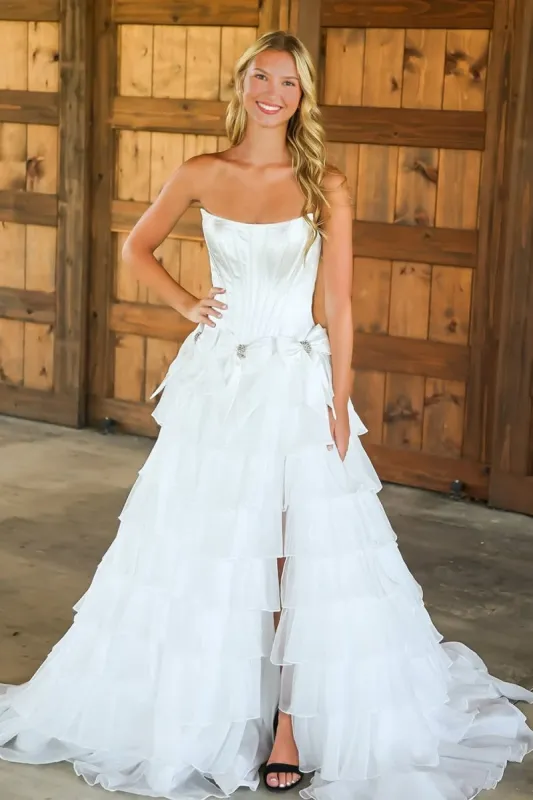 White - Strapless A Line Chiffon Tiered Prom Dresses With Bowknot sold by KissProm