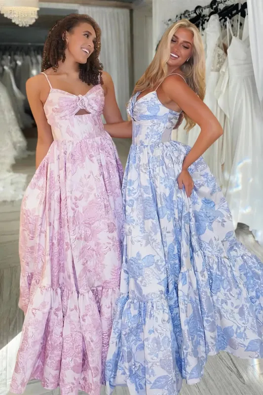 Delina | Blue - A-Line Spaghetti Straps Floral Jacquard Satin Long Prom Dresses with Keyhole sold by KissProm