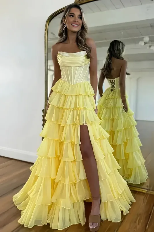 Hanya | Yellow - A Line Strapless Chiffon Beaded Corset Long Prom Dress With Slit sold by KissProm