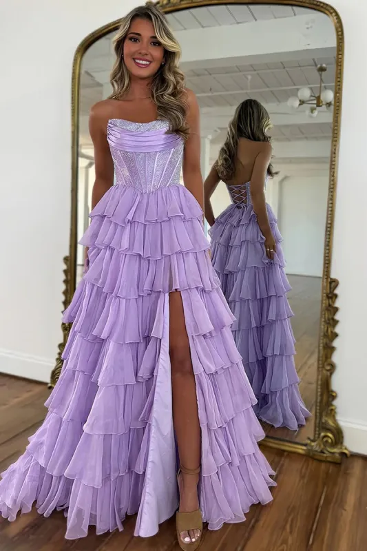 Hanya | Lavender - A Line Strapless Chiffon Beaded Corset Long Prom Dress With Slit sold by KissProm