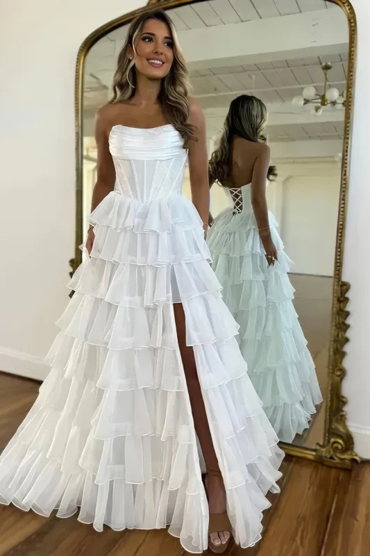 Hanya | White - A Line Strapless Chiffon Beaded Corset Long Prom Dress With Slit sold by KissProm