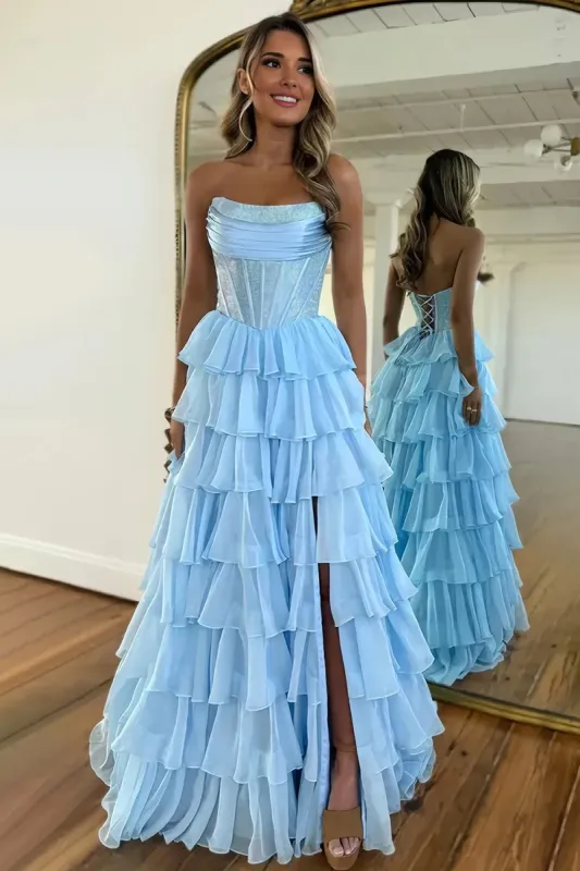 Sky Blue - A Line Strapless Chiffon Beaded Corset Long Prom Dress With Slit made by KissProm