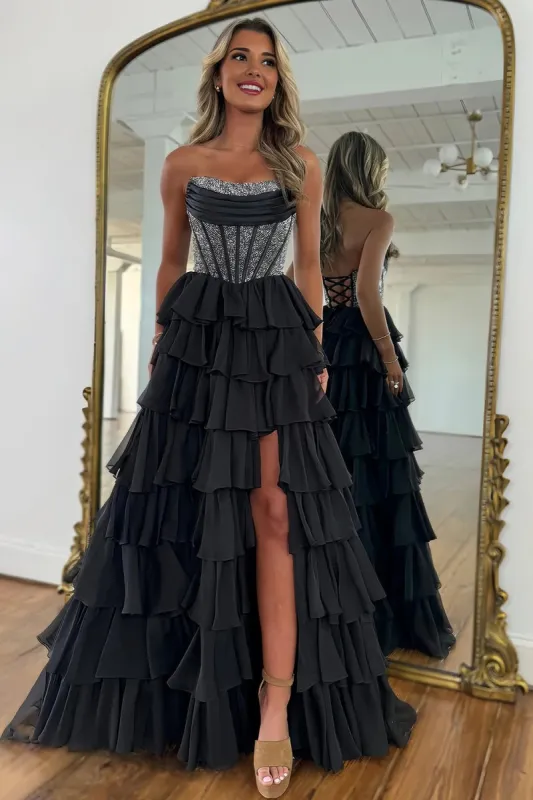 Hanya | Black - A Line Strapless Chiffon Beaded Corset Long Prom Dress With Slit sold by KissProm