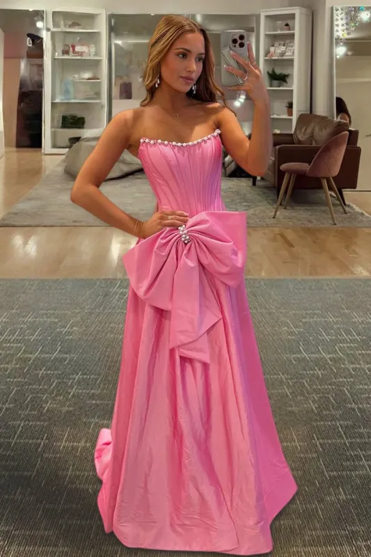 Aspen | Pink - Strapless A Line Satin Pearl Long Formal Prom Dresses With Bow sold by KissProm