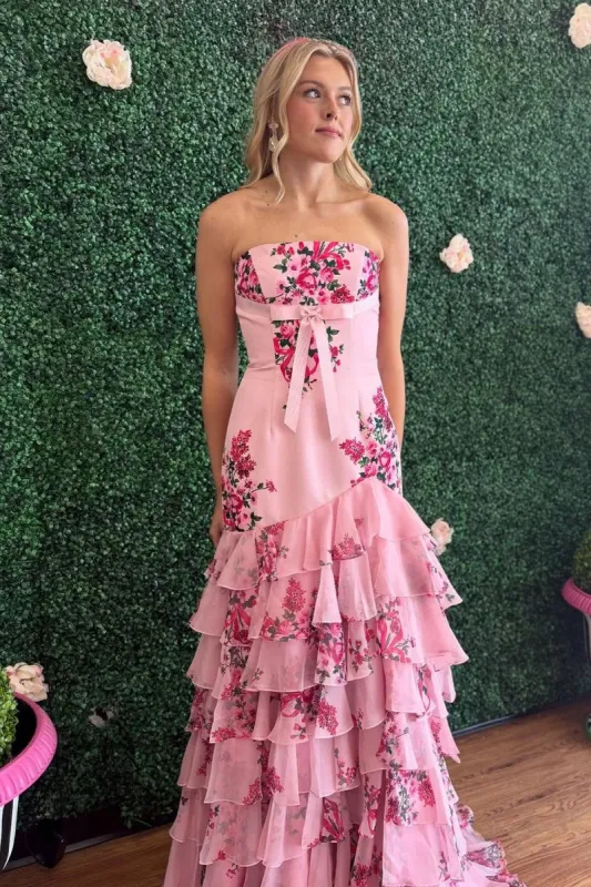 Pink Strapless Sheath Floral Chiffon Ruffles Long Formal Prom Dresses With Bow sold by KissProm