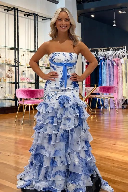 Marvely | Blue - Sheath Strapless Chiffon Ruffled Prom Dresses With Bow sold by KissProm