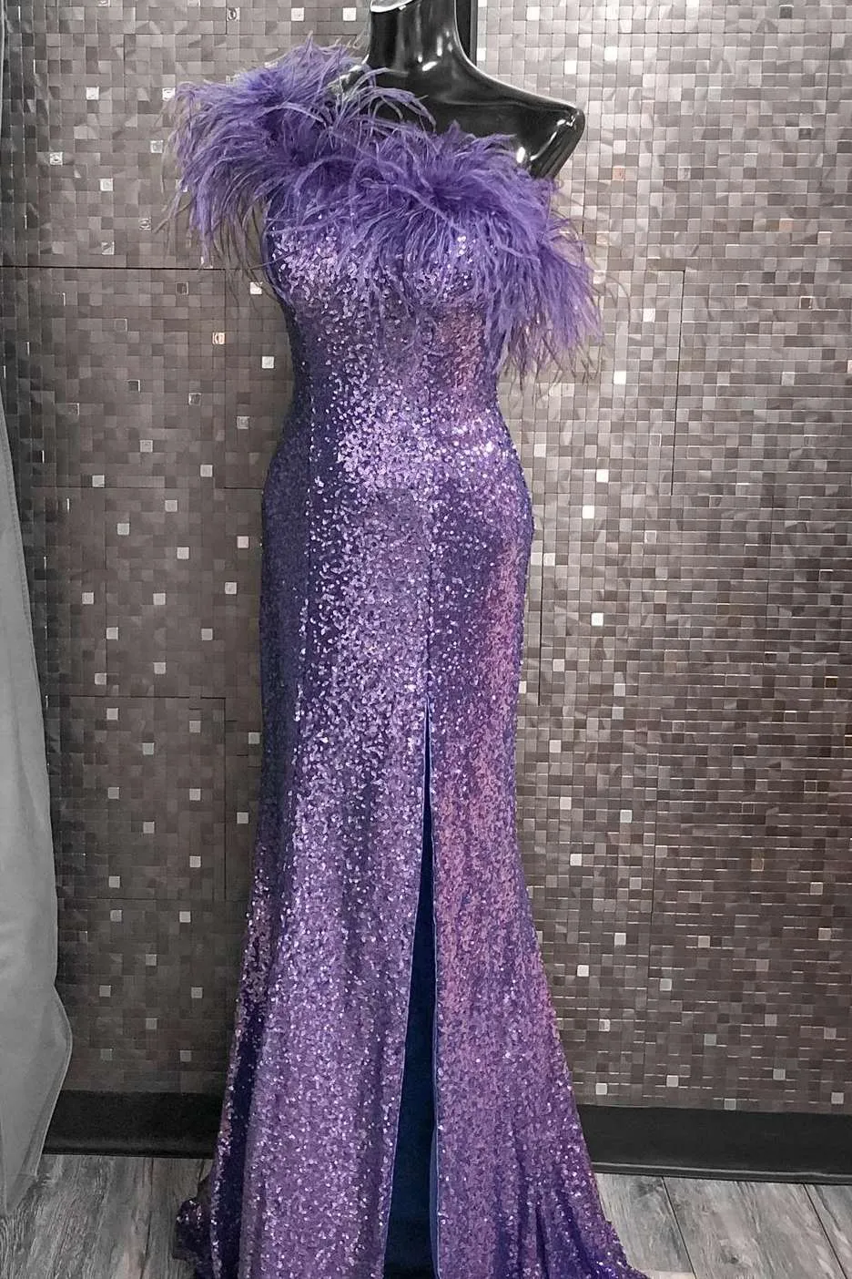 Pink Sequin Feather One-Shoulder Prom Dress with Slit sold by KissProm product image thumbnail 2