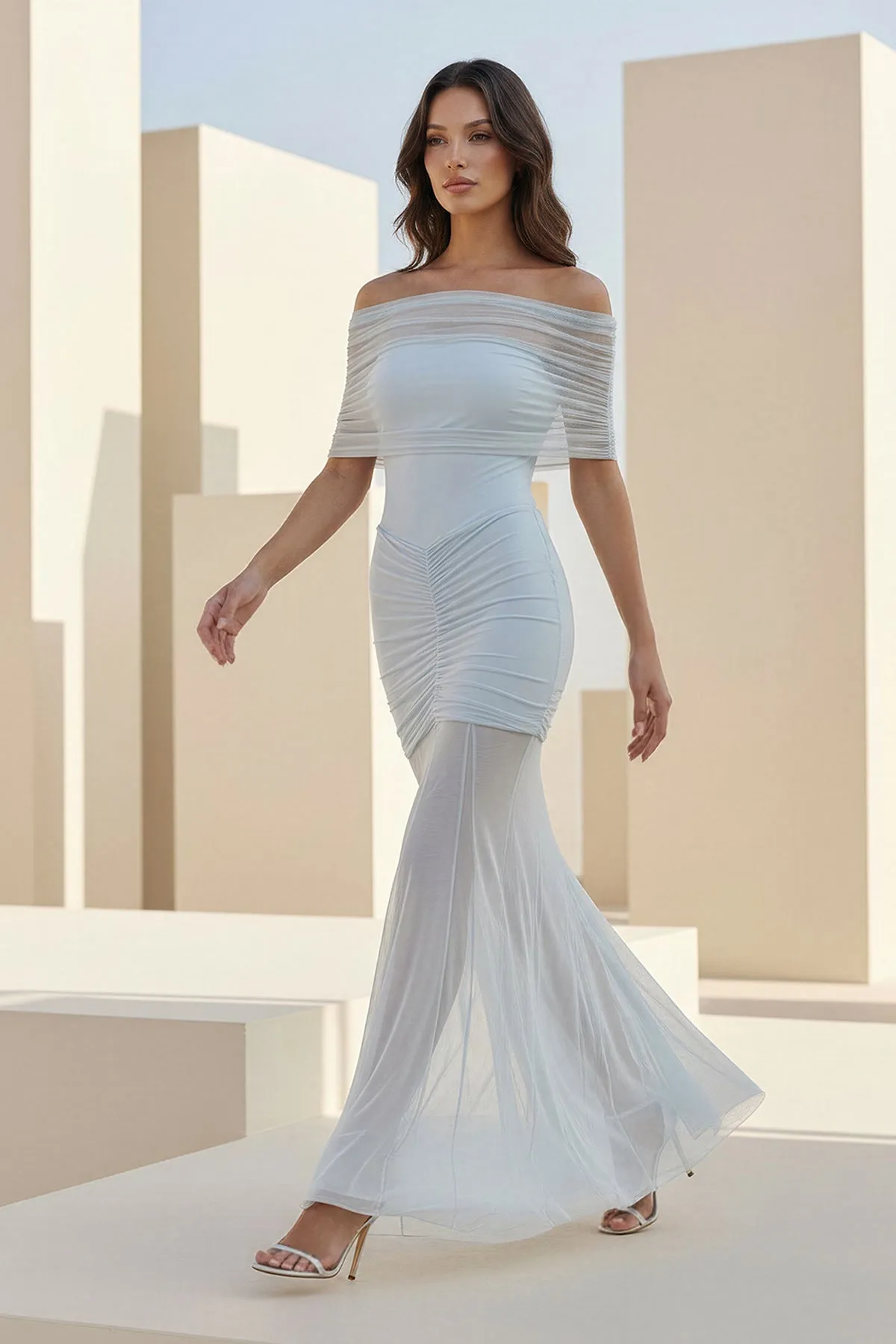 Kessy | Sky Blue - Mermaid Off The Shoulder Ruched Tulle Long Prom Dresses sold by KissProm product image thumbnail 5