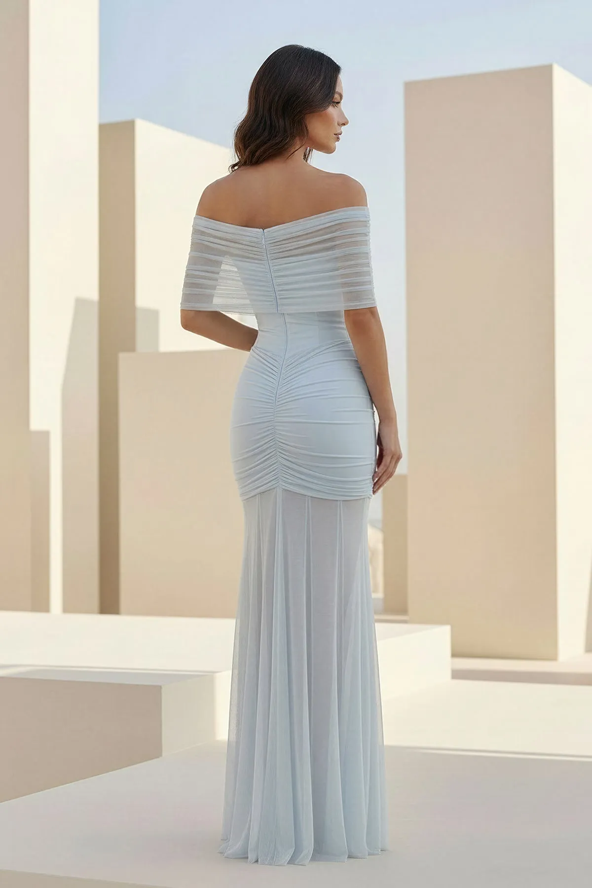 Kessy | Sky Blue - Mermaid Off The Shoulder Ruched Tulle Long Prom Dresses sold by KissProm product image thumbnail 2