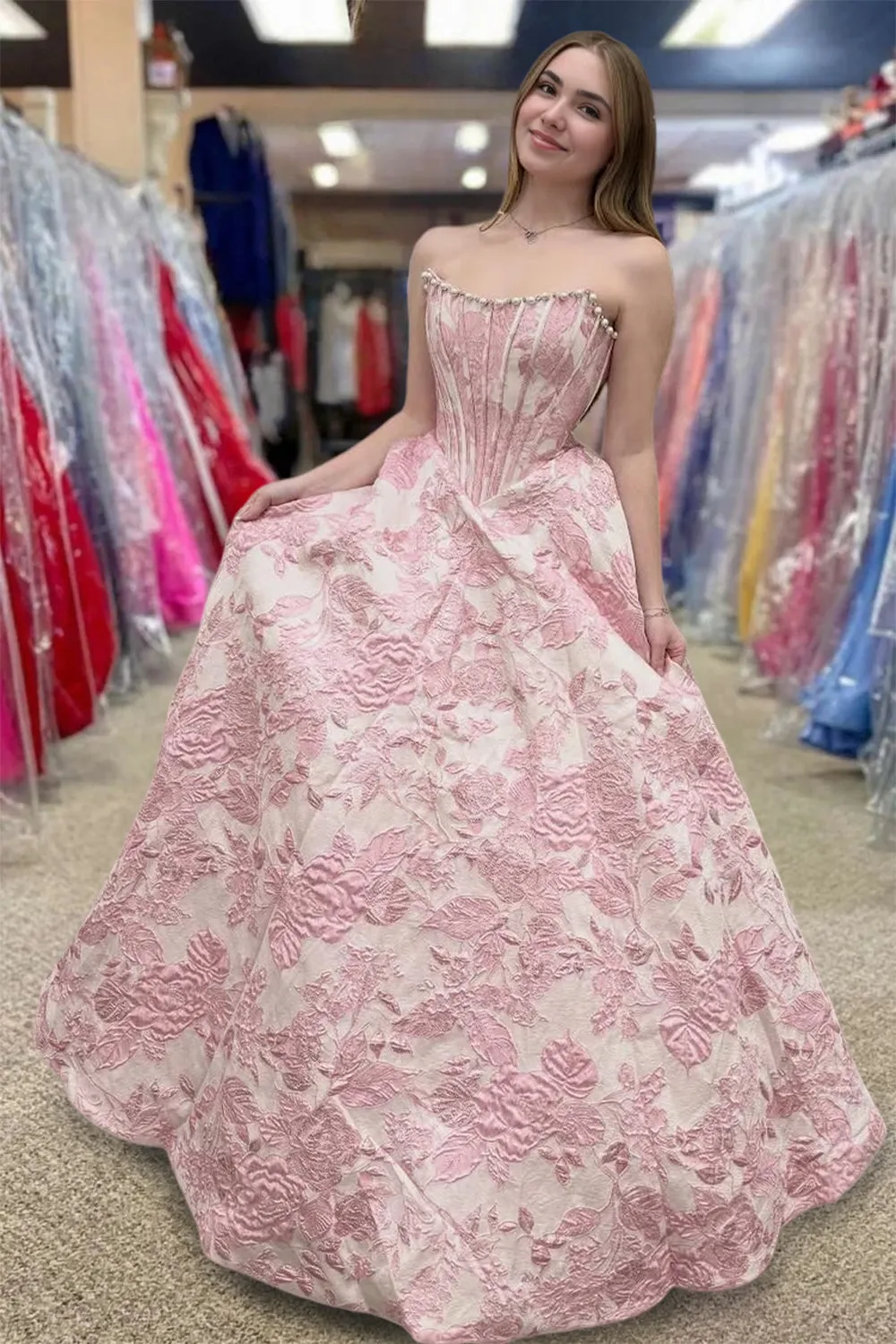 Pink - A Line Strapless Jacquard Long Prom Dresses sold by KissProm product image thumbnail 2