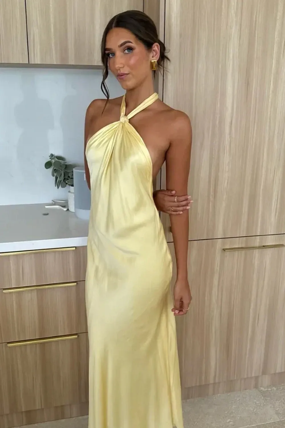 Yellow Halter Sheath Satin Backless Long Prom Dresses sold by KissProm product image thumbnail 4