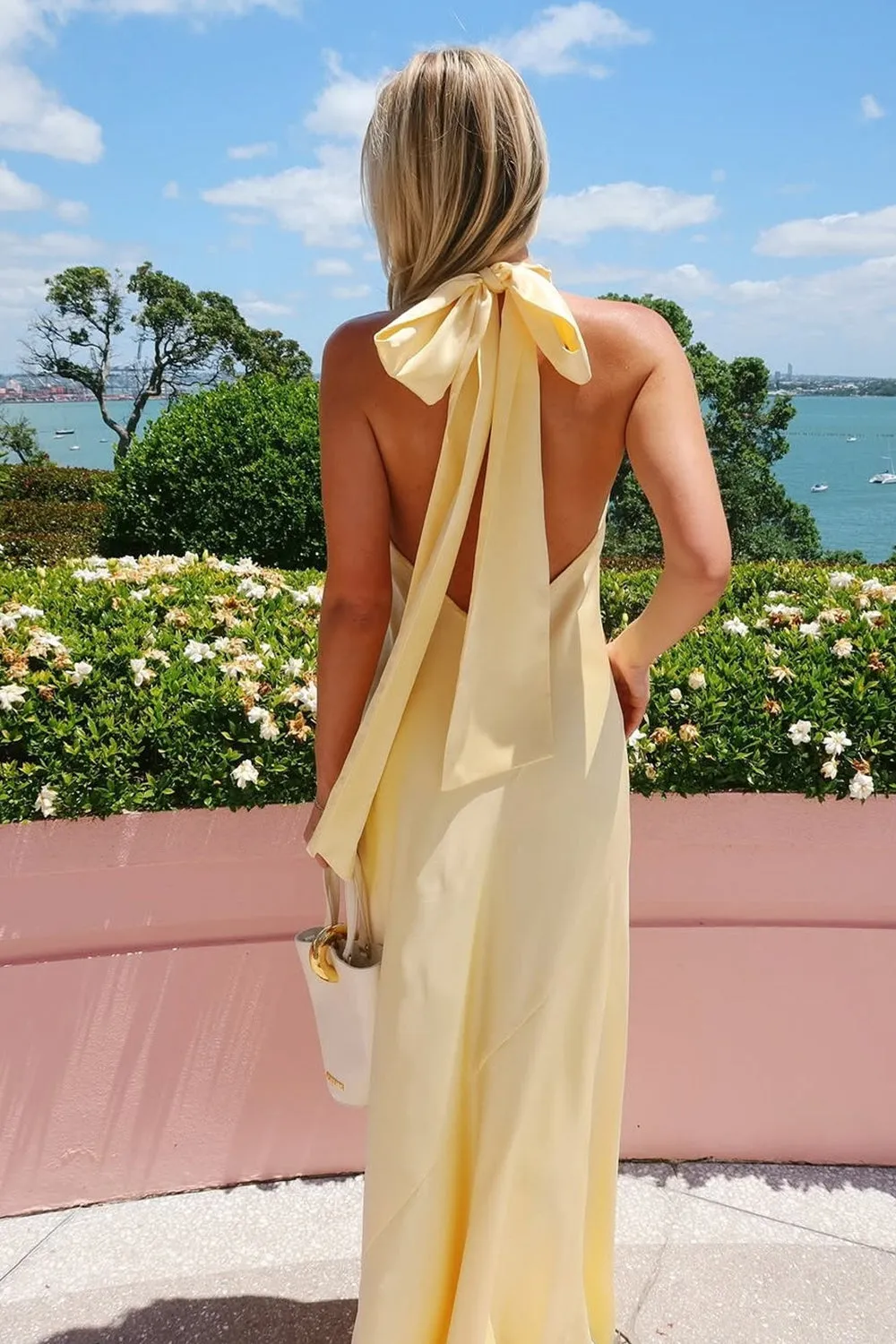 Yellow Halter Sheath Satin Backless Long Prom Dresses sold by KissProm product image thumbnail 3