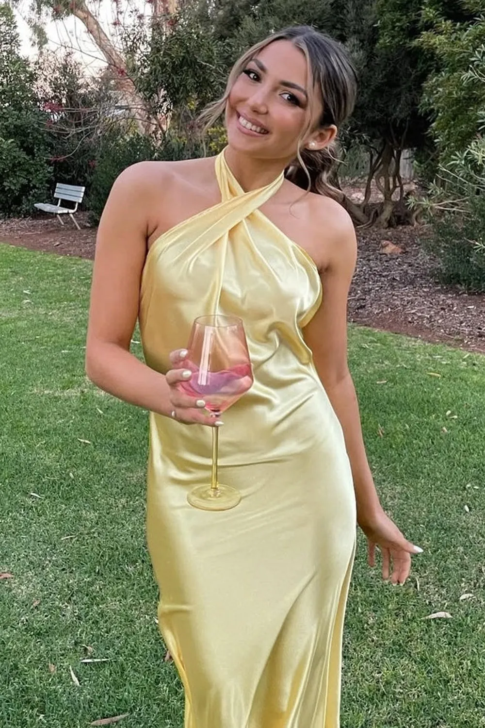 Yellow Halter Sheath Satin Backless Long Prom Dresses sold by KissProm